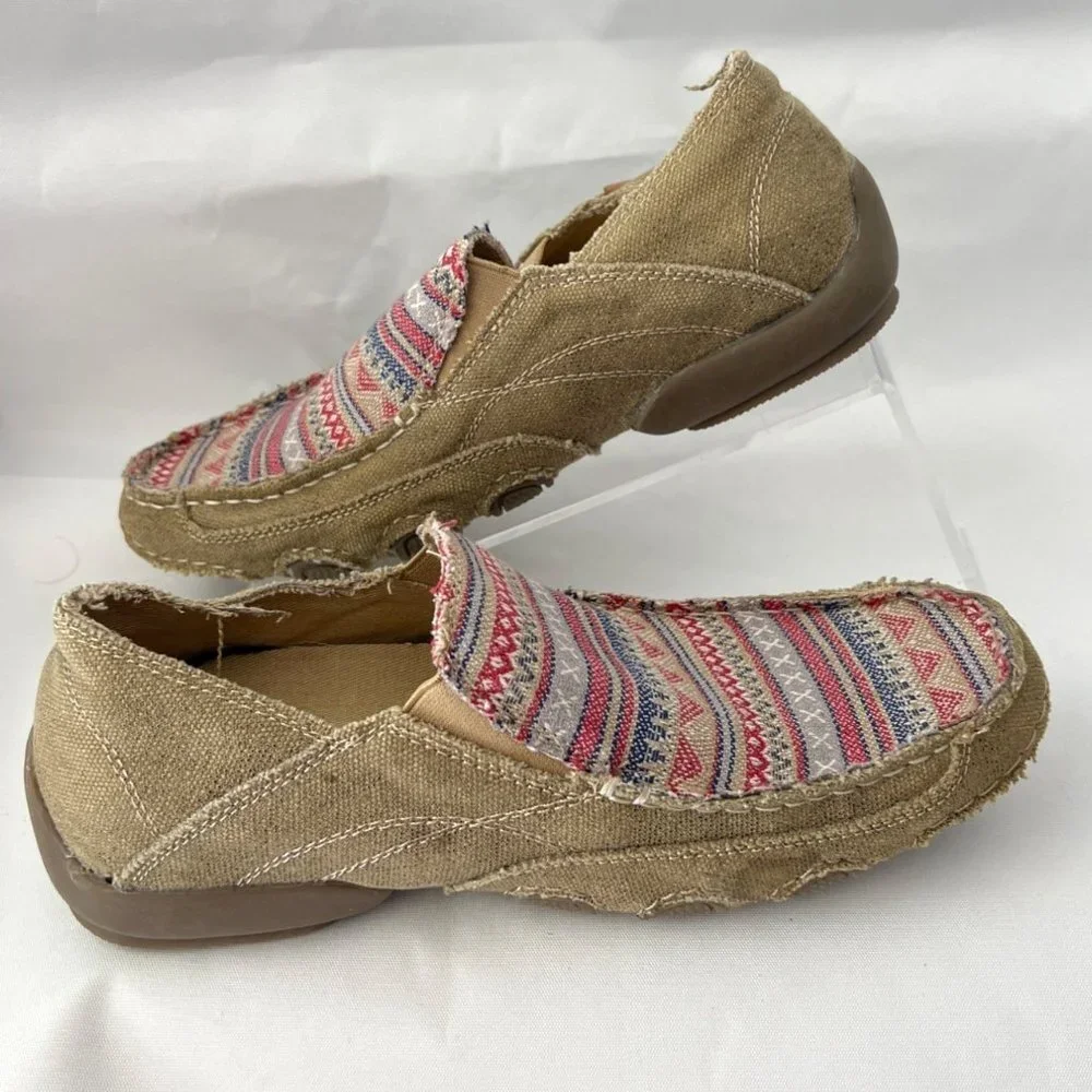 Romper Shoes Geometric women flats Driving Shoes Canvas Tan Comfort shoes Sz 7.5